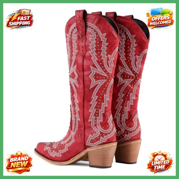 Western Cowgirl Boots Chunky Heel Knee High Pointed Toe Vintage Embroidered - Picture 6 of 7